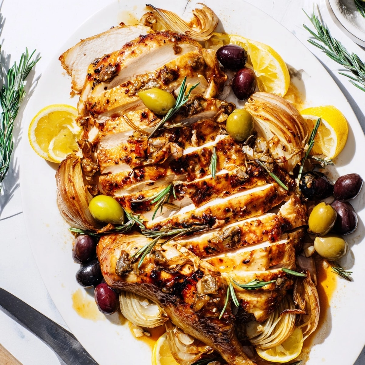 Enjoy this flavorful Rosemary Garlic Roasted Chicken with Olives on a cozy evening in.