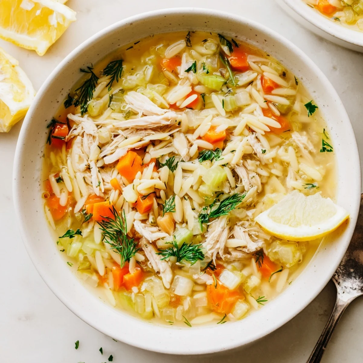 A steaming bowl of Greek Lemon Chicken Soup with Orzo, showcasing vibrant vegetables.  