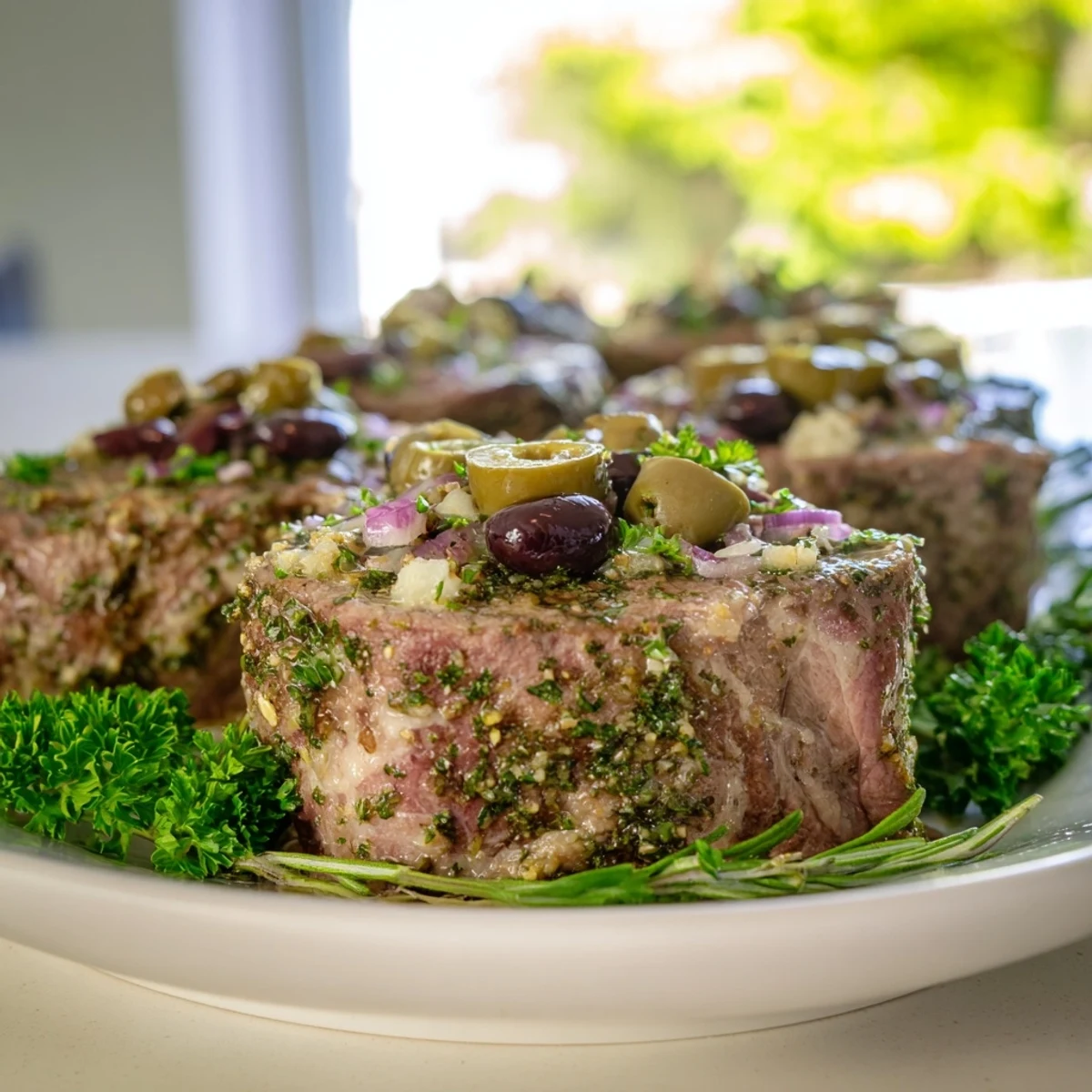 Succulent herb-crusted pork tenderloin with vibrant olive relish for a gourmet meal.  
