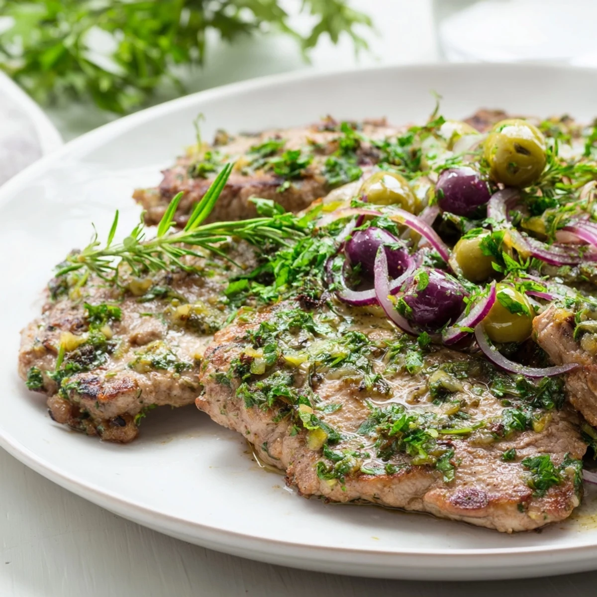 Aromatic fresh herbs coat juicy pork tenderloin, served with tangy olive relish.  