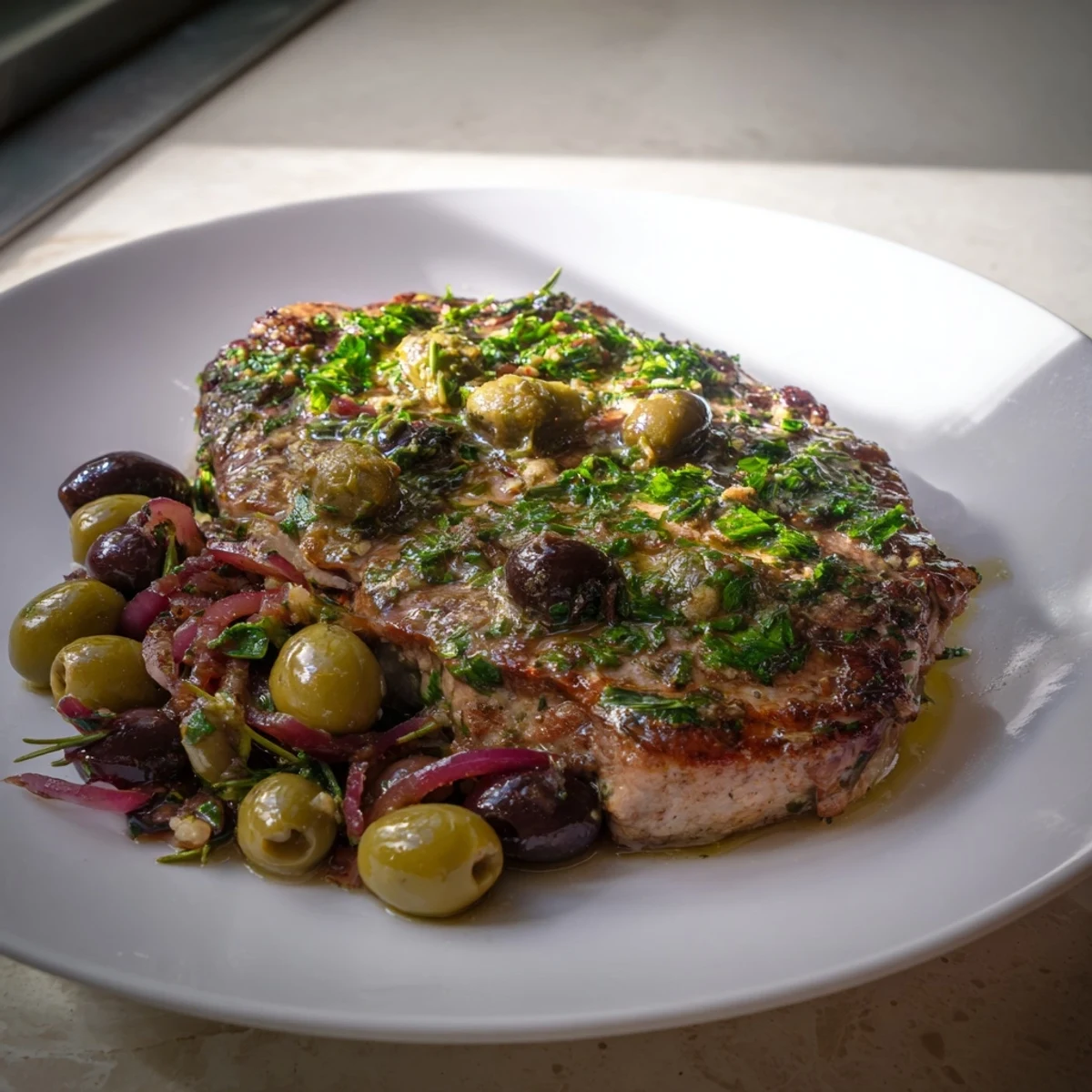 Golden-roasted pork tenderloin topped with colorful olive relish bursting with flavor.