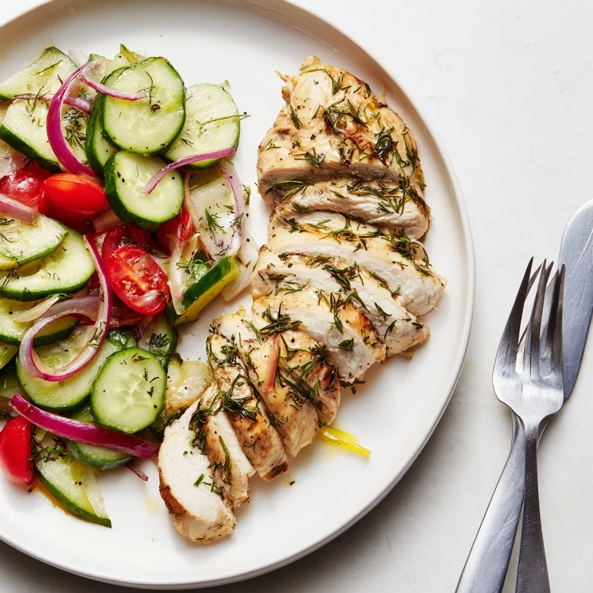 Succulent grilled lemon herb chicken served with a zesty cucumber salad, ideal for summer.  