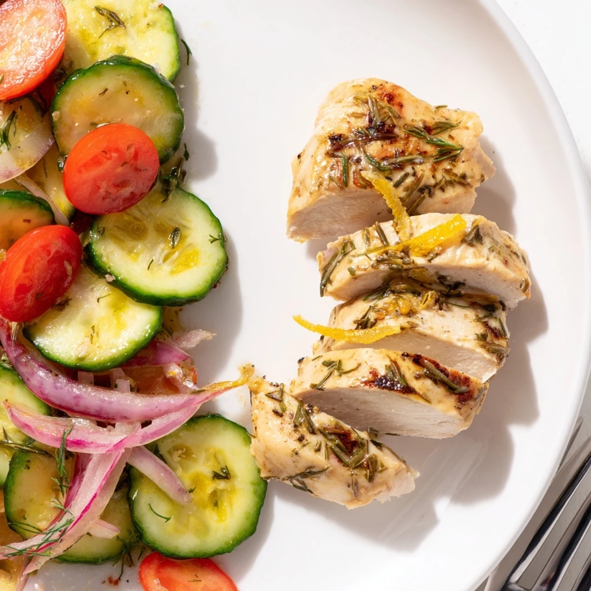Tender grilled chicken with a citrus marinade, accompanied by refreshing cucumber salad.