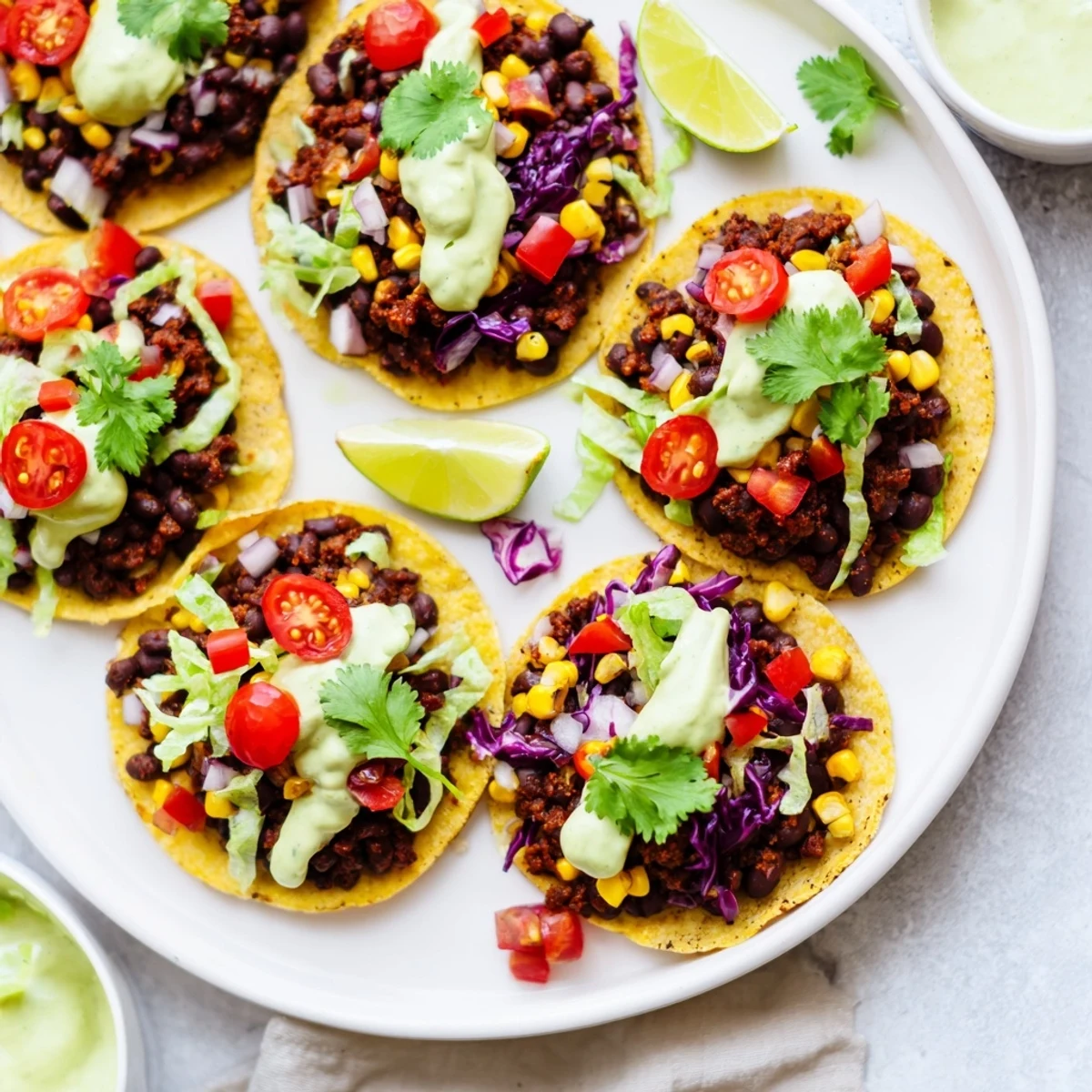 Hearty black bean and corn tacos served with zesty avocado lime crema, perfect for lunch.  