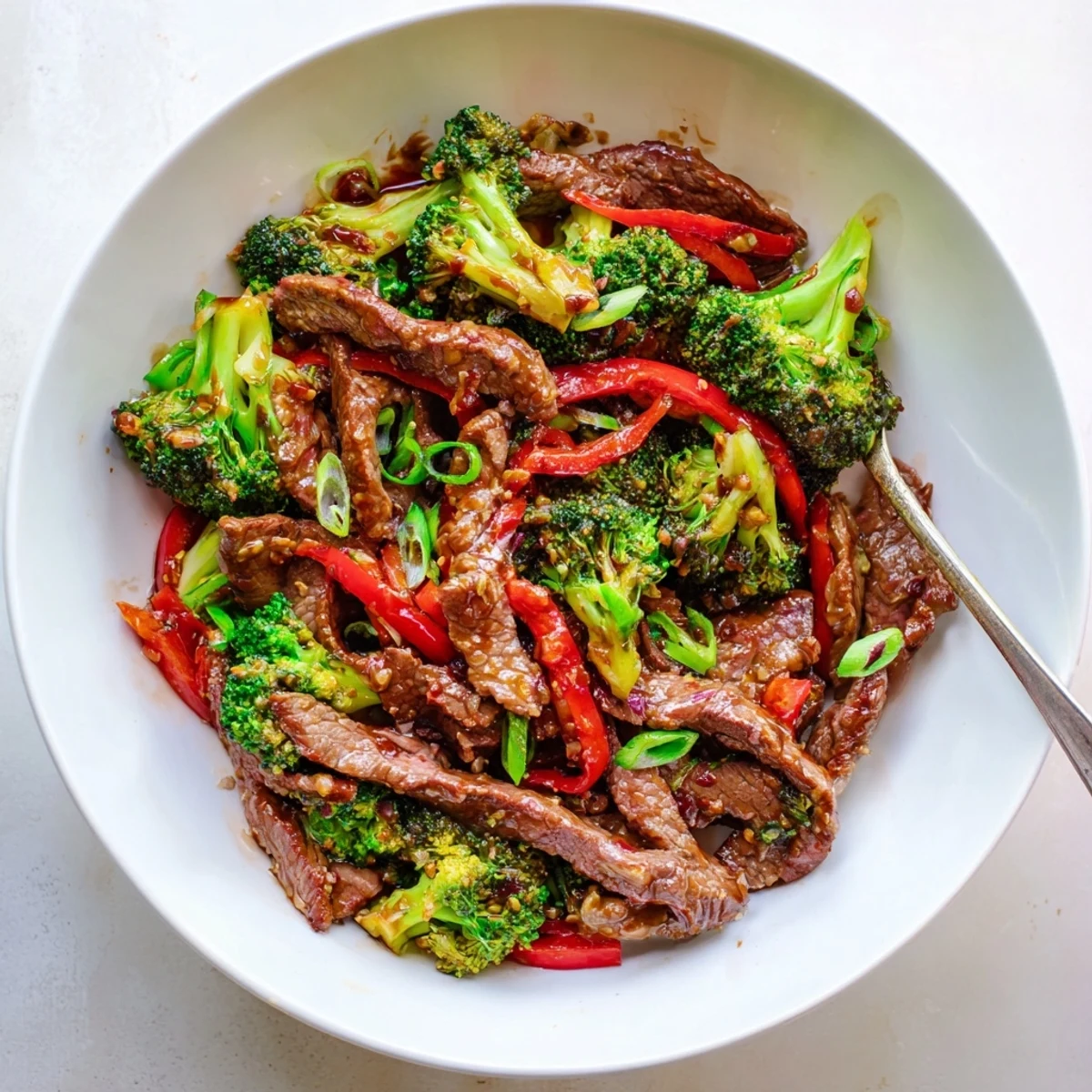 Delicious Quick Beef and Broccoli Stir-Fry sizzling in a hot skillet with garlic.  
