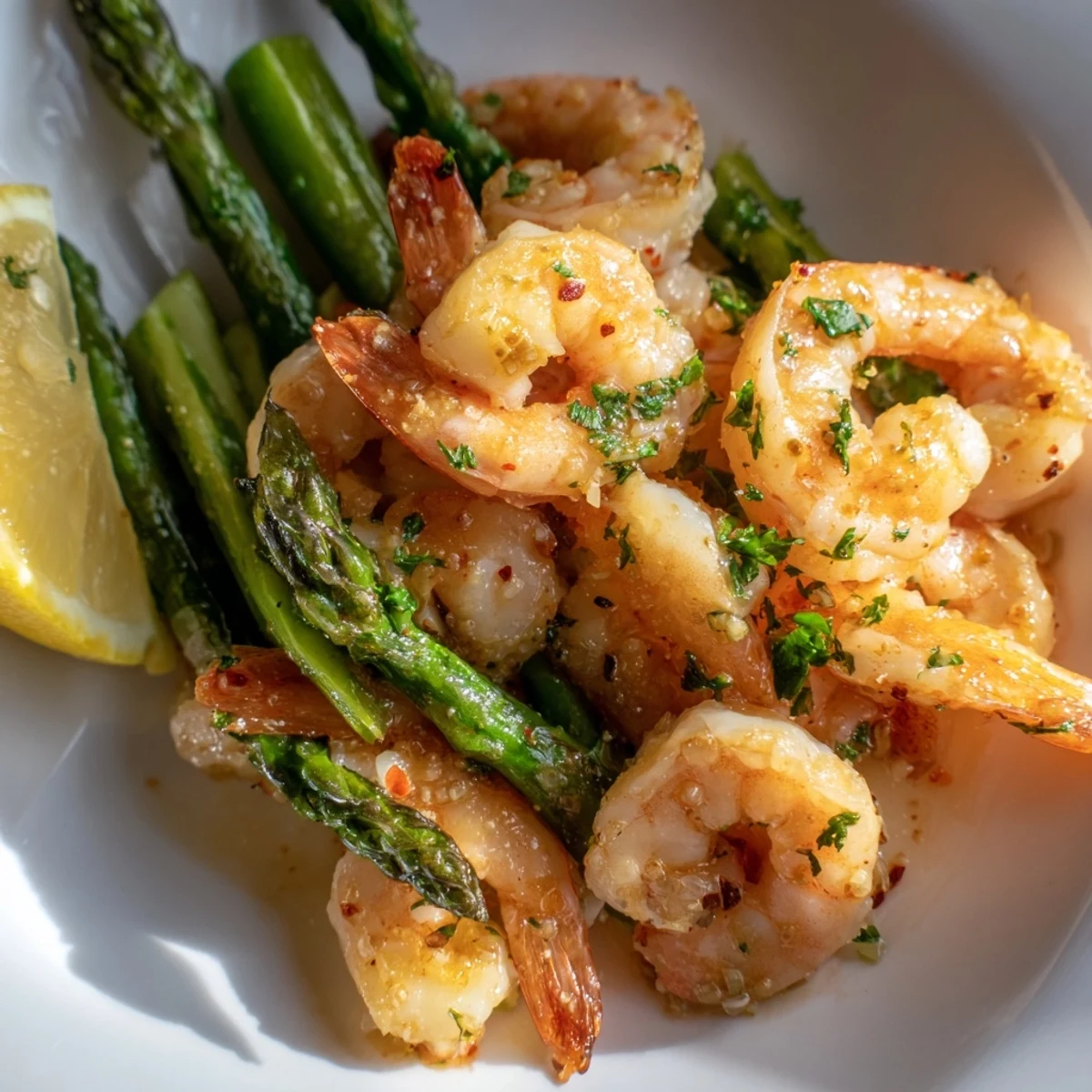 Succulent One-Pan Garlic Butter Shrimp and Asparagus served with fresh lemon wedges.