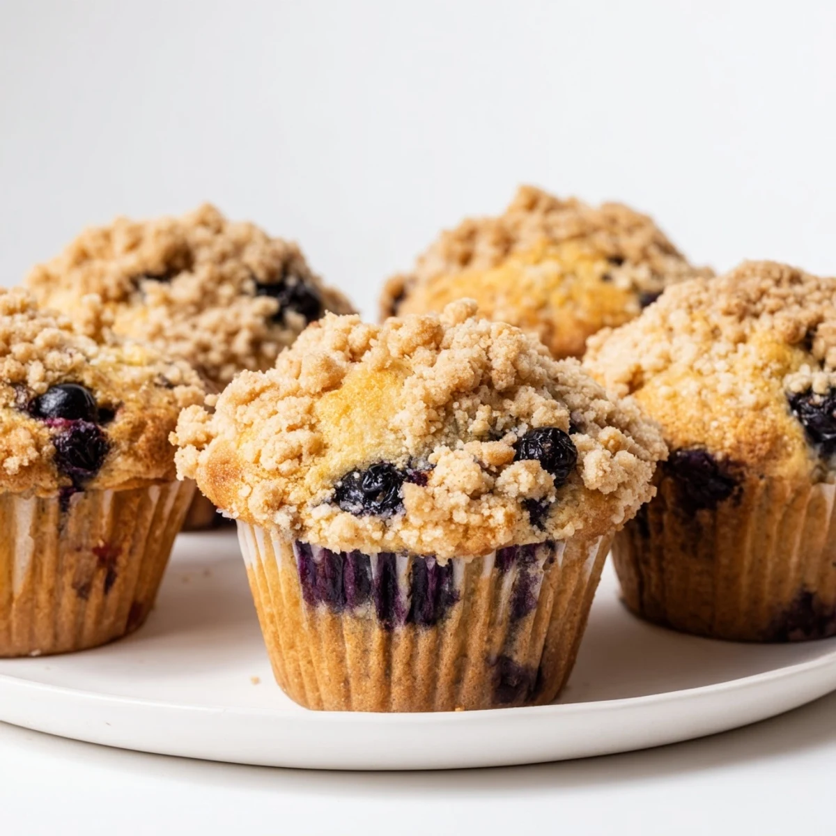 Freshly baked blueberry muffins adorned with crisp streusel, ideal for breakfast or snacks.  
