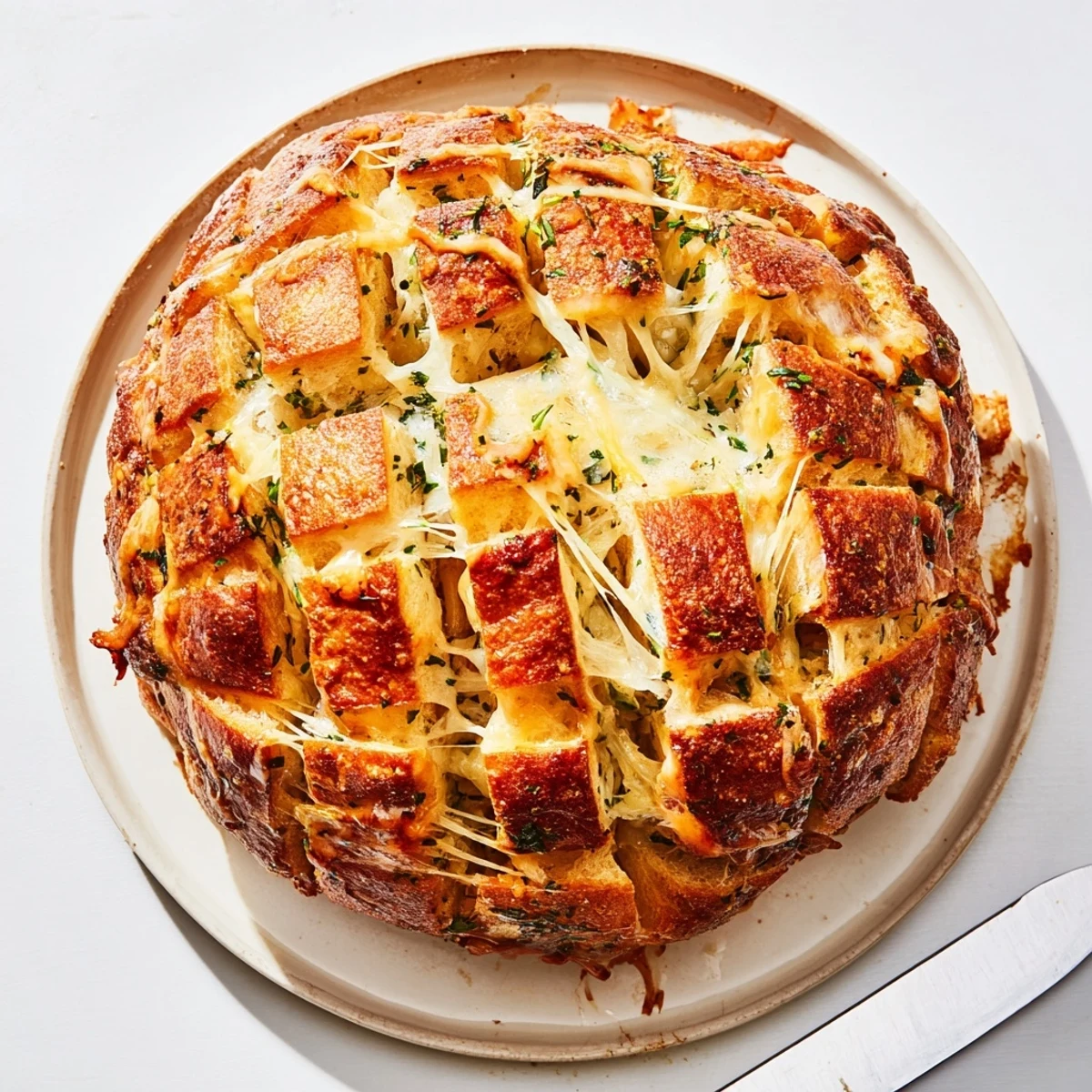 Warm Cheesy Herb and Garlic Pull-Apart Bread drizzled with melted butter and herbs.
