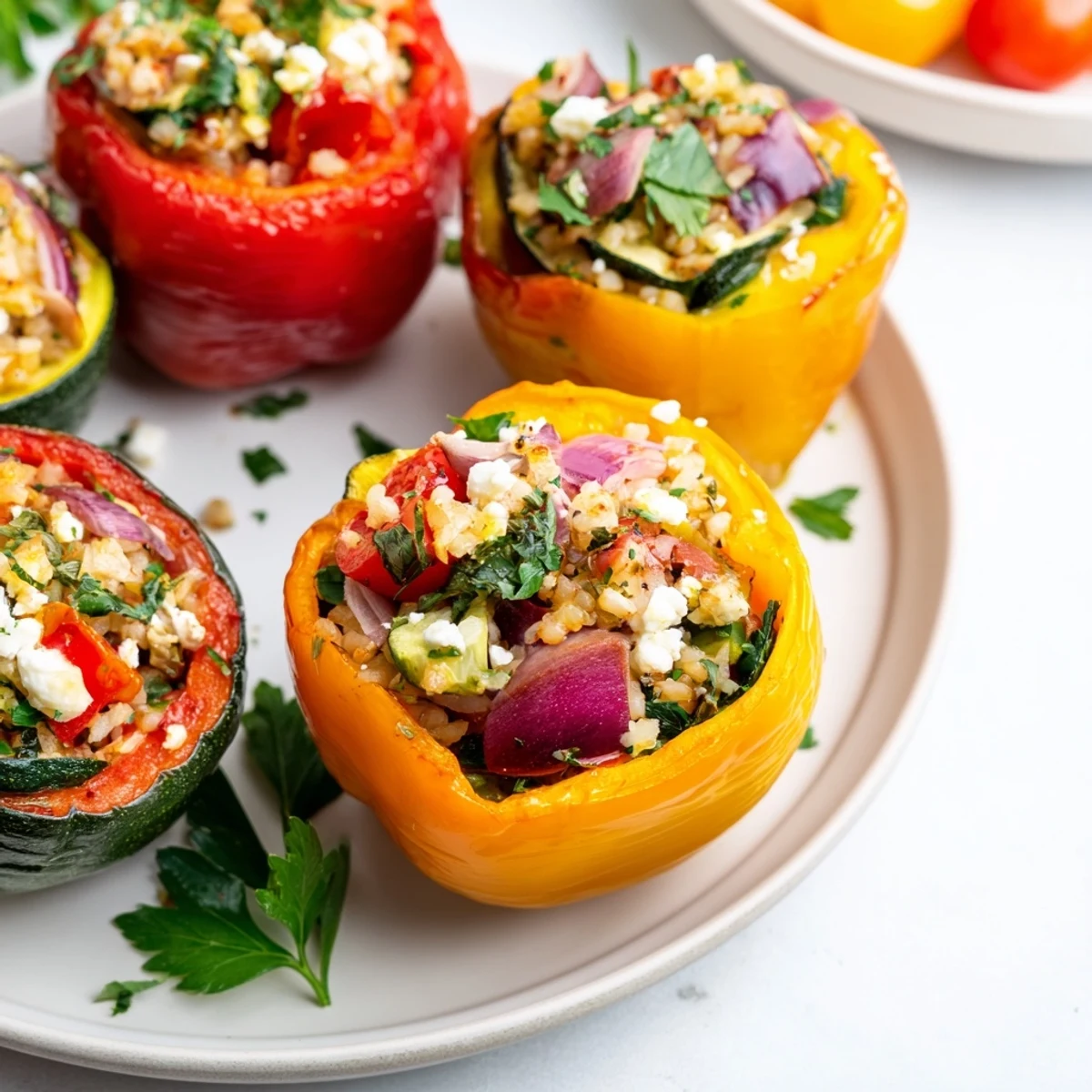 Mediterranean stuffed bell peppers roasted to perfection with vibrant spices and fresh herbs.  