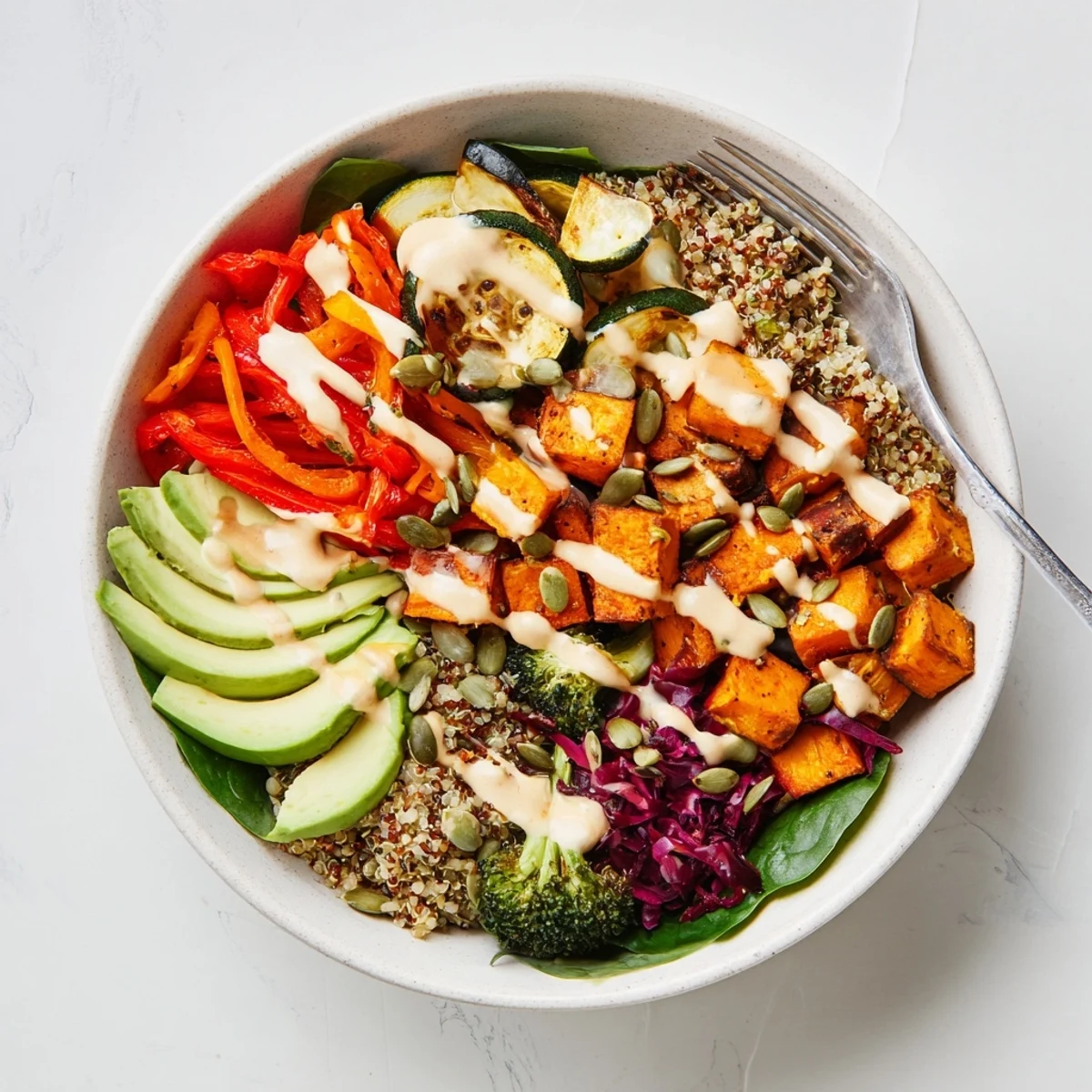 Vibrant roasted vegetables piled atop quinoa, drizzled with creamy tahini sauce.  