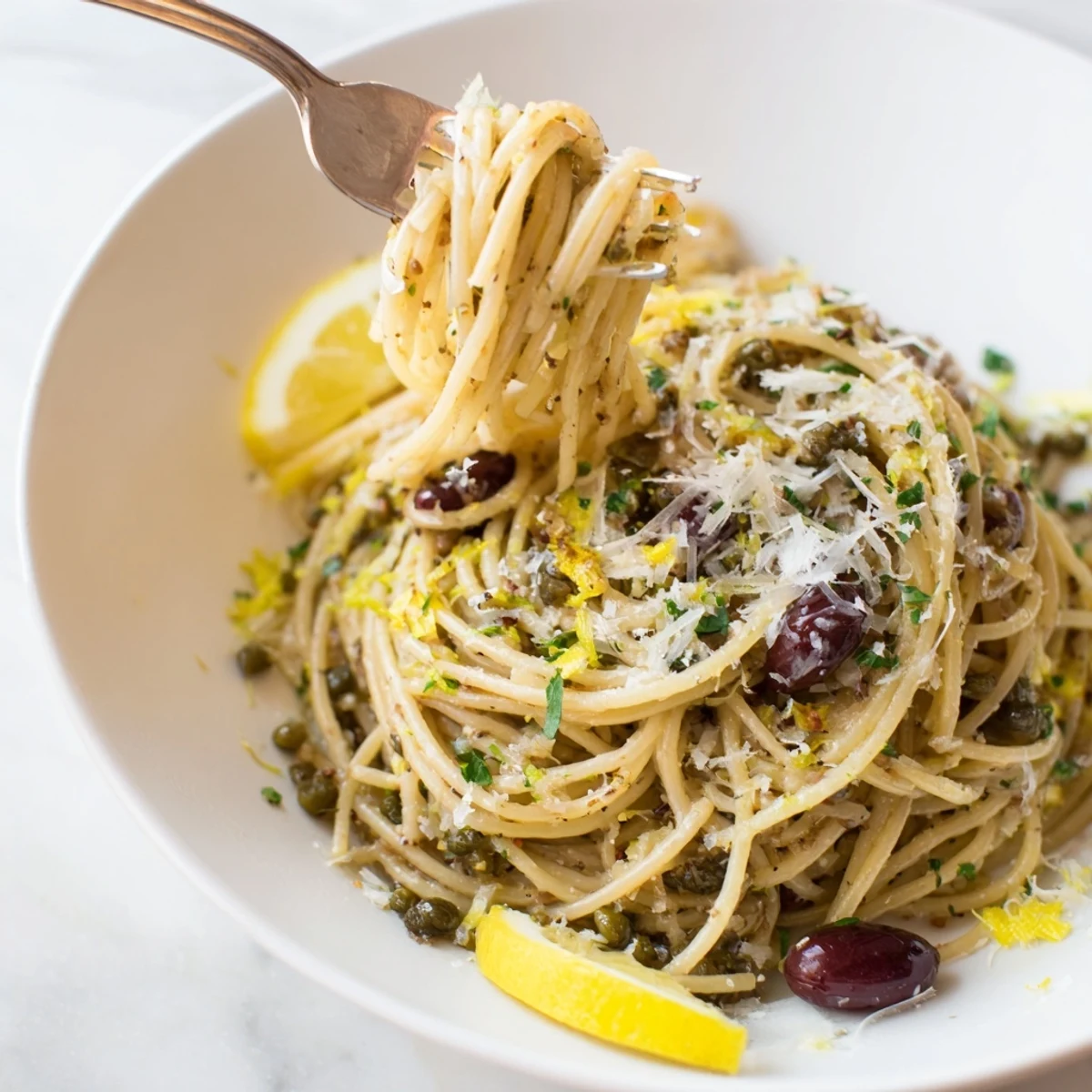 Zesty lemon thyme olive tapenade pasta garnished with fresh parsley and cheese.  