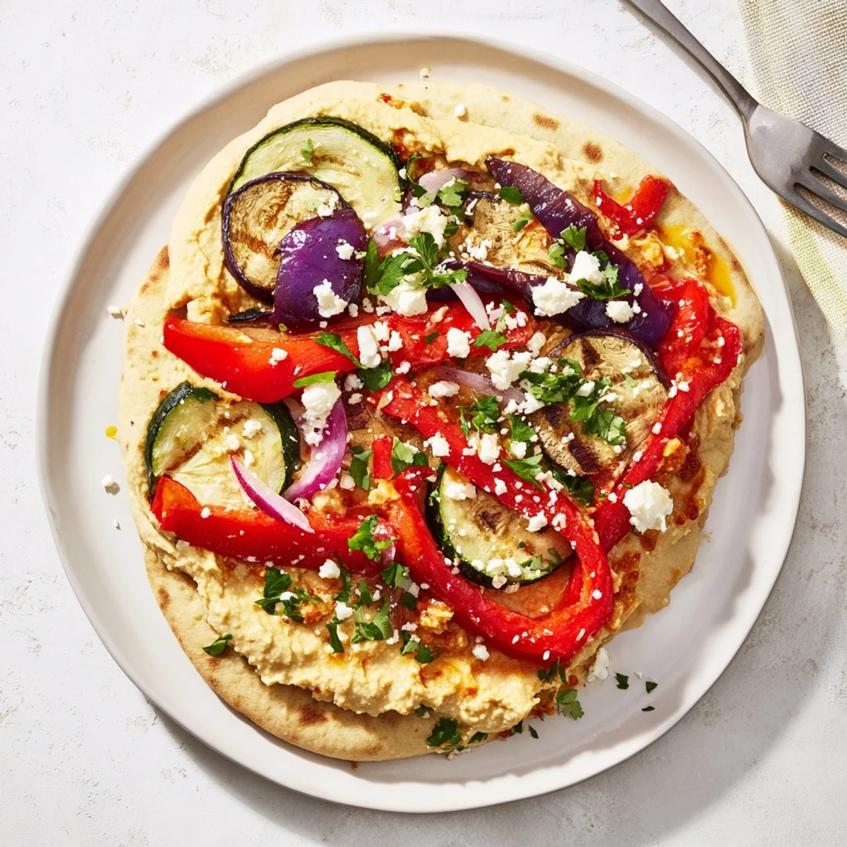 Vibrant creamy hummus and veggie flatbreads, perfect for a healthy snack.