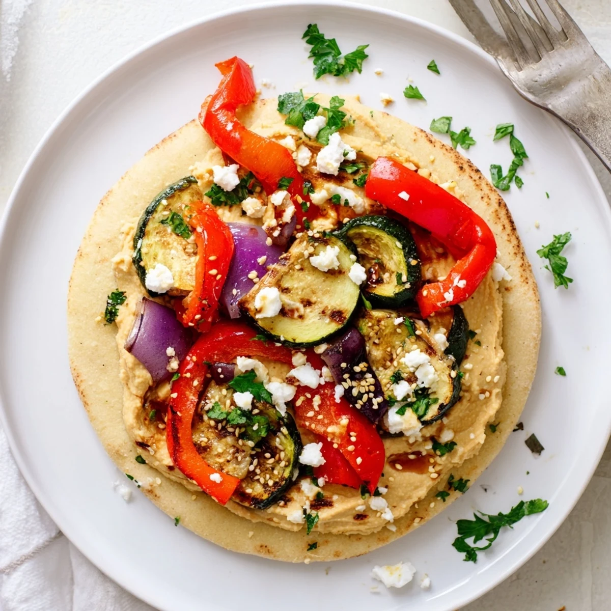 Soft flatbreads topped with creamy hummus, roasted veggies, and fresh herbs.