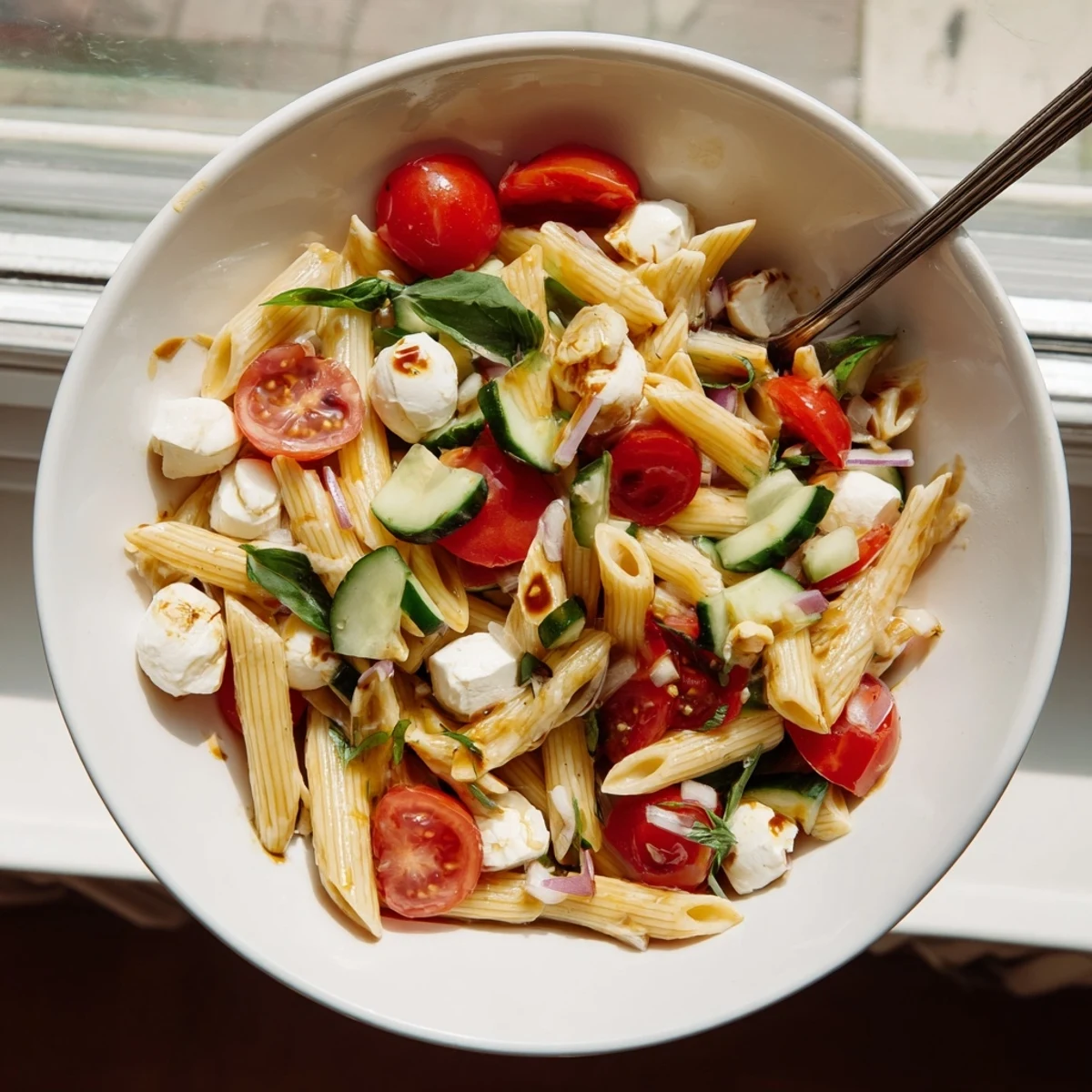 Vibrant Caprese pasta salad with fresh basil and creamy mozzarella balls.