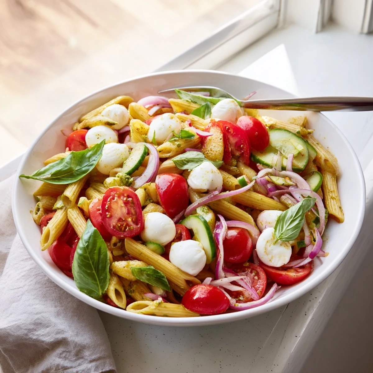 A refreshing Caprese pasta salad featuring cherry tomatoes and balsamic dressing.