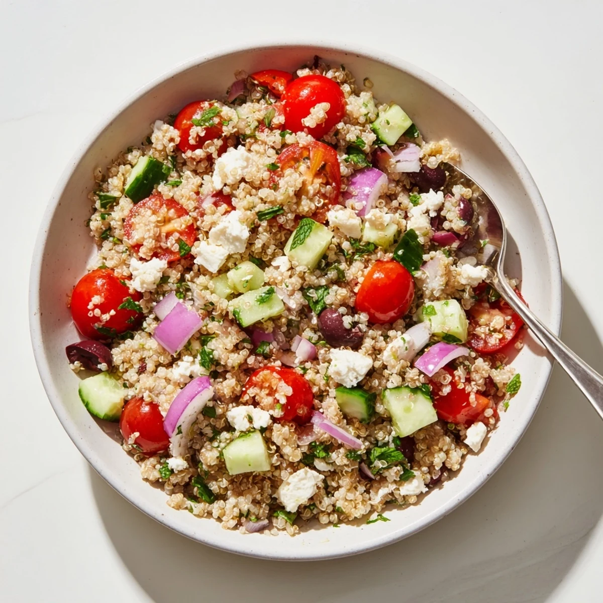 Delicious Mediterranean Quinoa Salad with Feta, perfect for a light summer lunch.