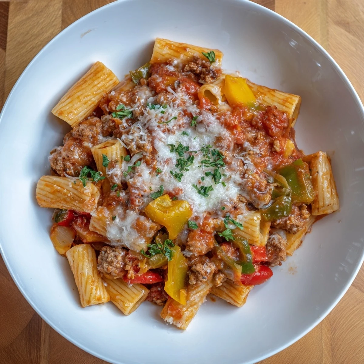 Steaming baked rigatoni with sausage and peppers, golden cheese bubbling, ready to serve with fresh herbs.