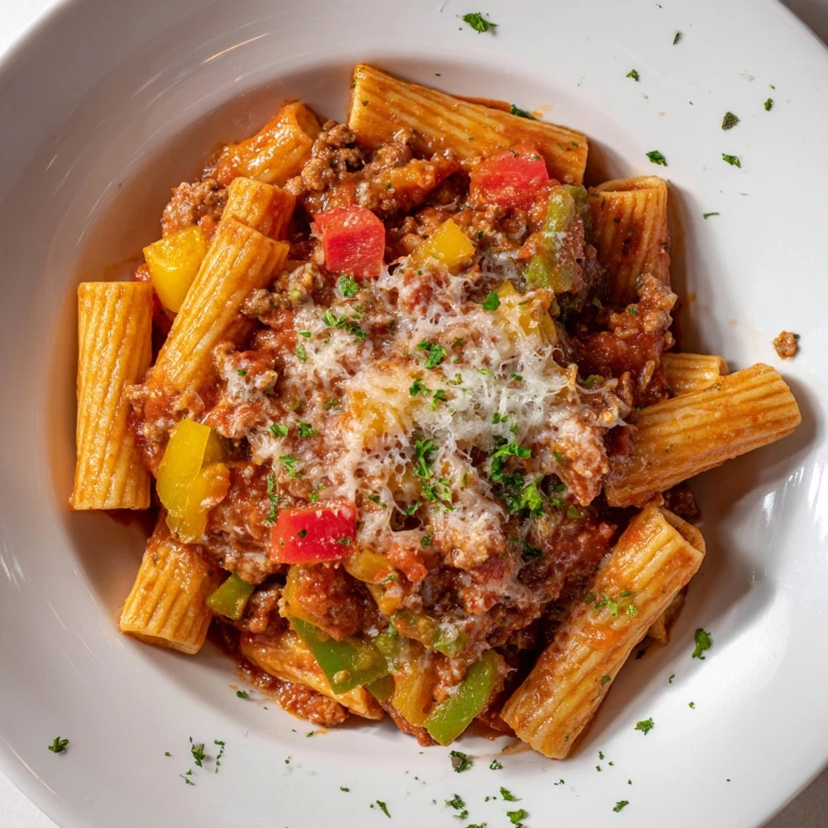 A close-up of cheesy, bubbling baked rigatoni, showcasing sausage and peppers in a rich tomato sauce.