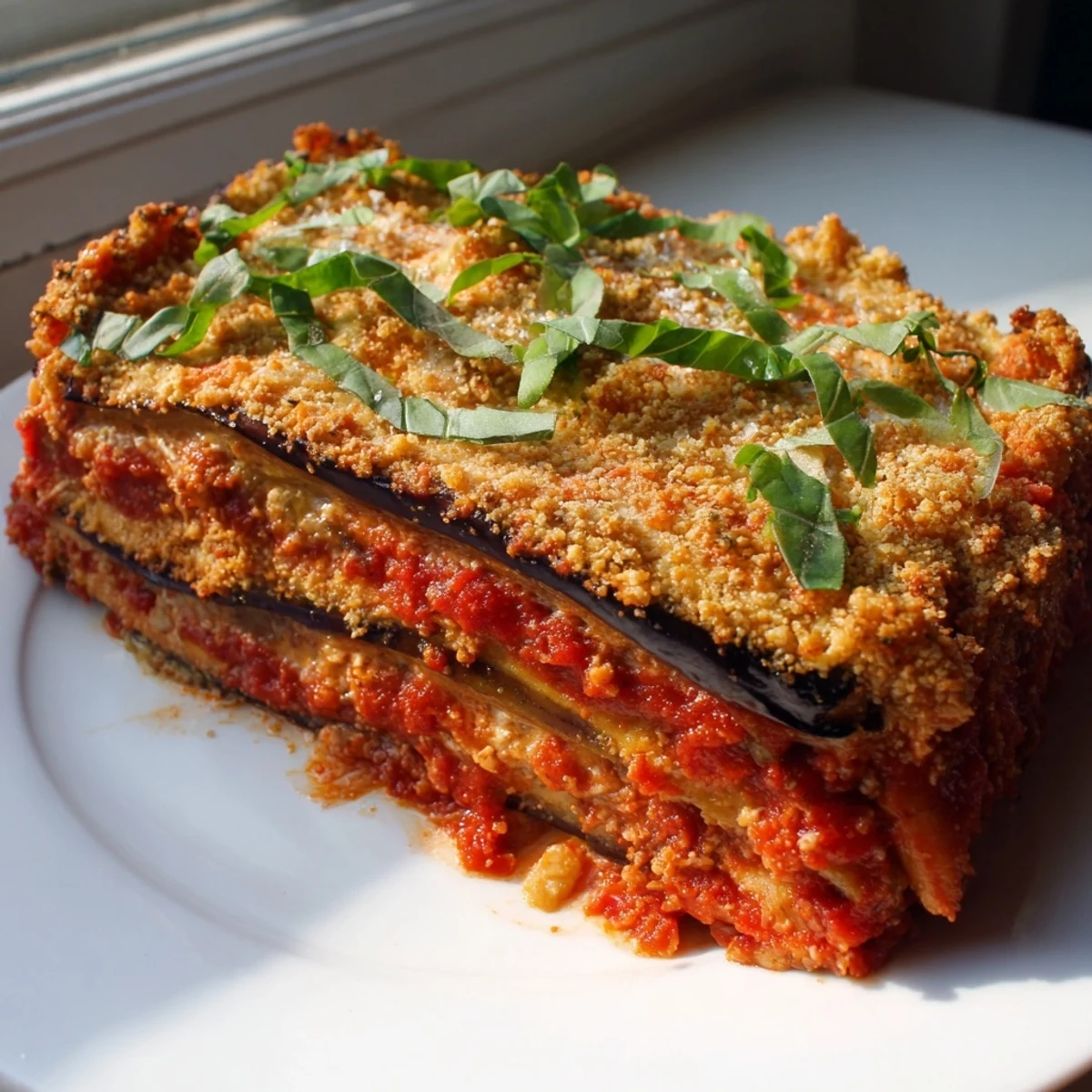 Golden-topped Eggplant Parmesan Lasagna with layers of tender eggplant and cheese, a comforting Italian meal.