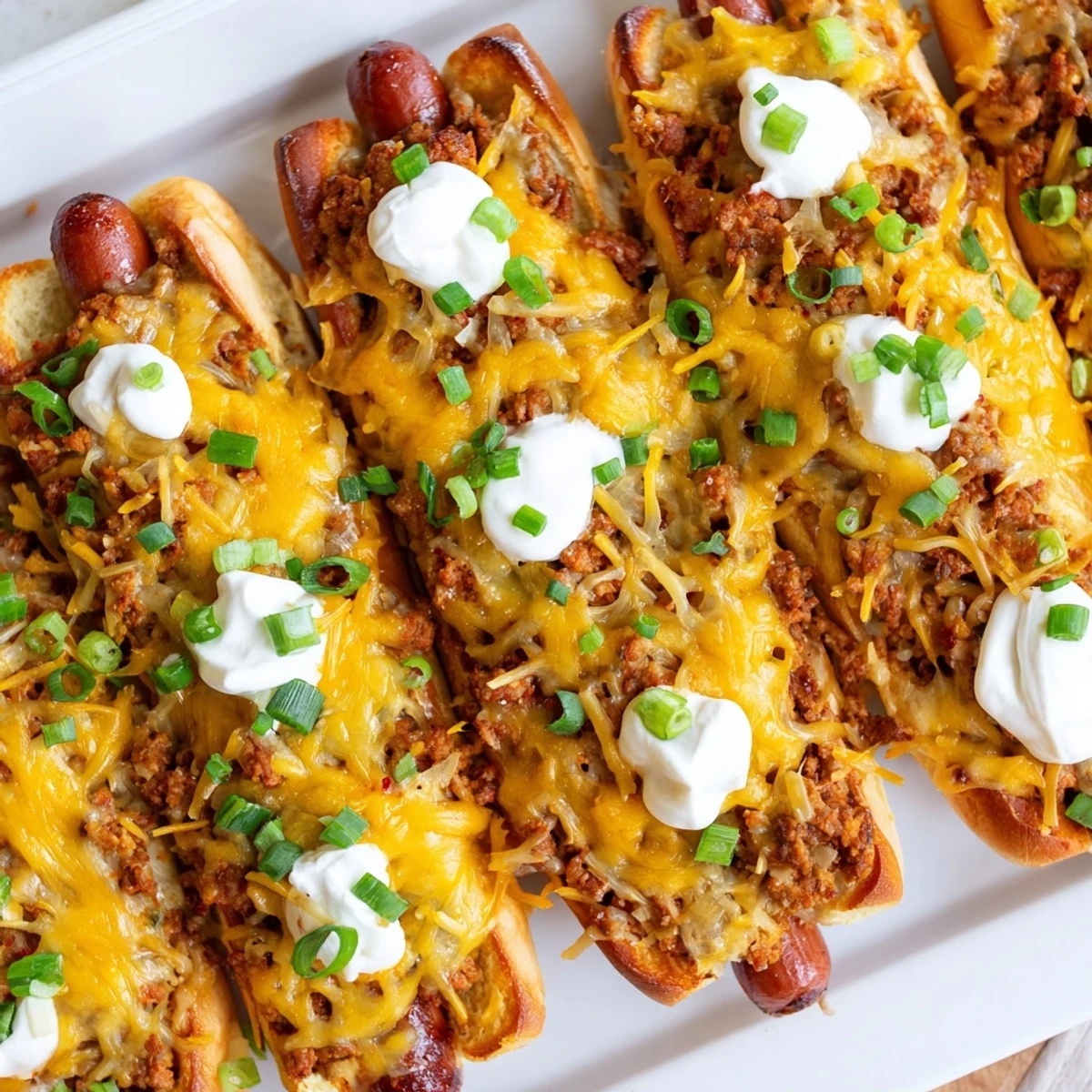 Deliciously cheesy Chili Dog Casserole, baked until golden brown, perfect for a family dinner.