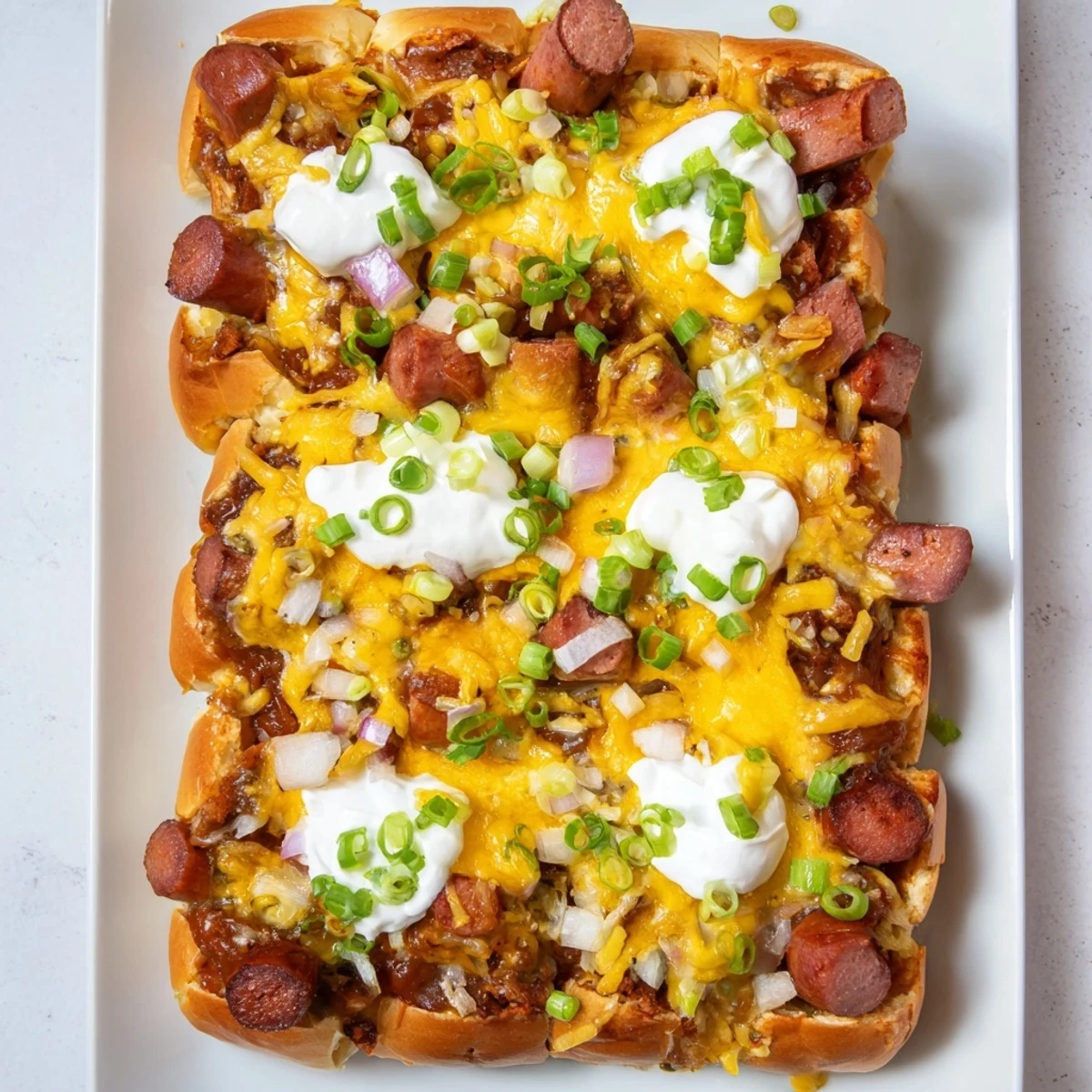 A close-up view of a hearty Chili Dog Casserole, served with fresh chives, ready to eat.