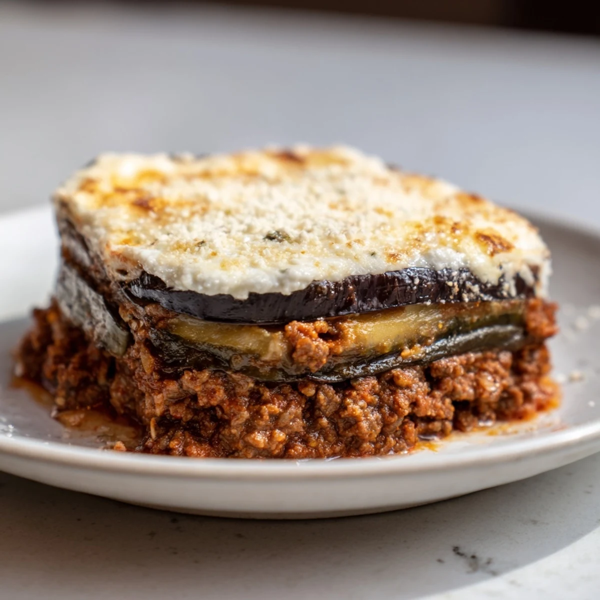 A generous serving of homemade moussaka with rich beef and creamy topping, ready to savor.