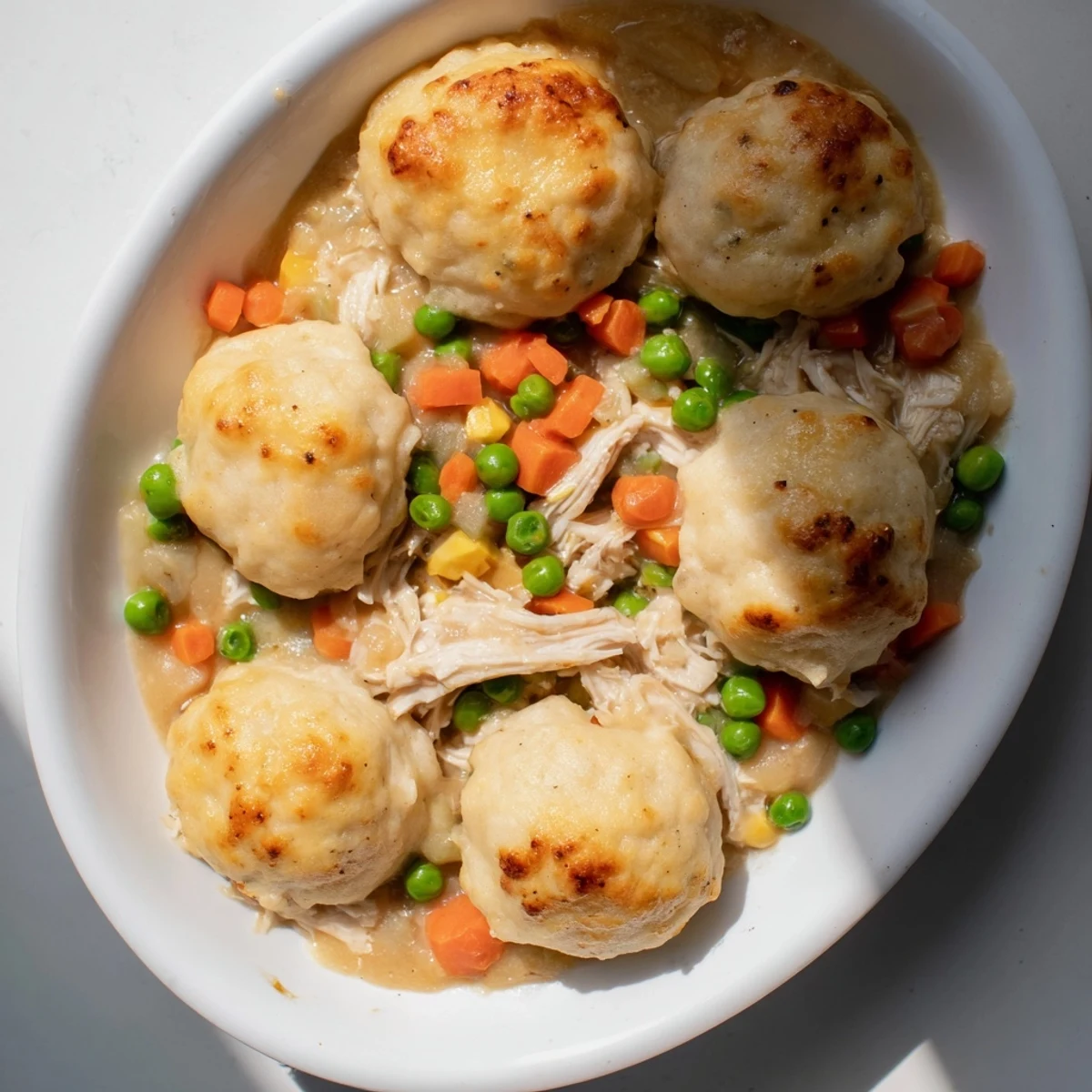 Hearty Chicken and Dumplings Casserole with fluffy, golden dumplings baked atop a flavorful chicken base.