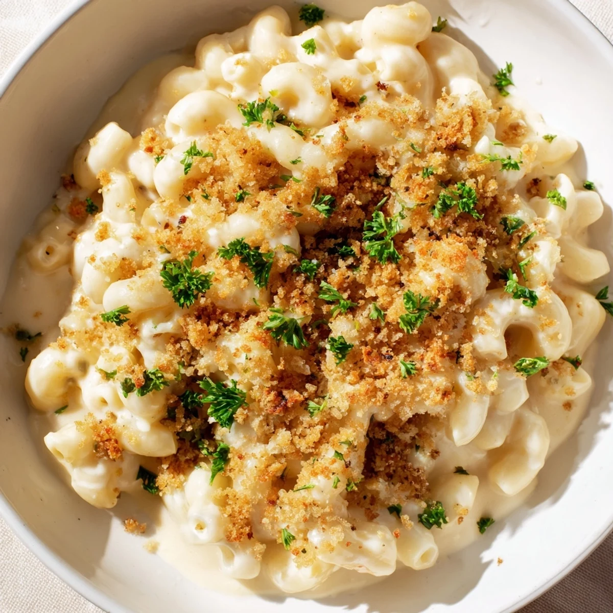A close-up of creamy Truffle Macaroni & Cheese, rich and cheesy, ready to be served.