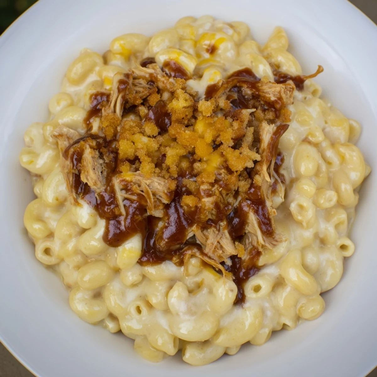 A close-up of delicious mac & cheese with BBQ chicken, served hot and ready to enjoy.