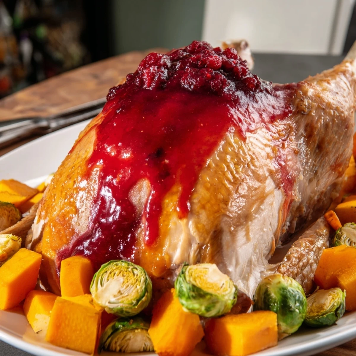 Sheet-Pan Roasted Turkey Breast with Winter Veggies, glistening with cranberry glaze, ready to serve.
