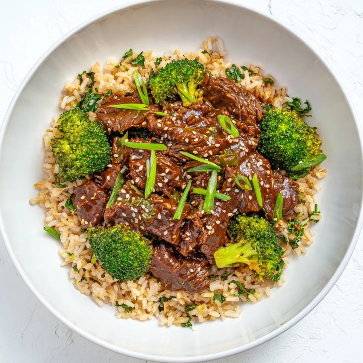 Close-up of slow-cooker beef & broccoli showing the rich, glistening sauce and fluffy brown rice below.