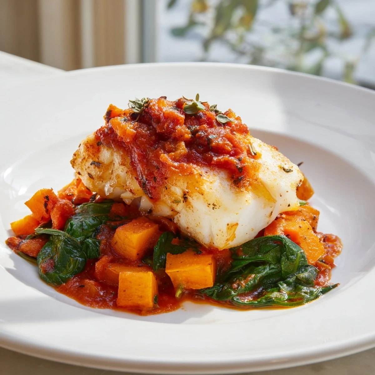 Baked Cod with Butternut Squash, spinach and tomato sauce; a flavorful, healthy meal.