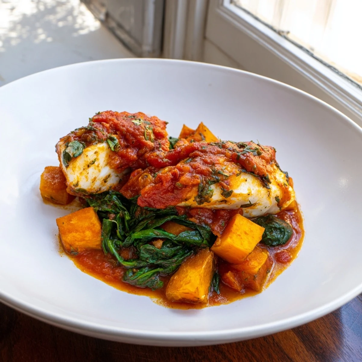This colorful dish showcases delicious Baked Cod with roasted butternut squash; a vibrant plate.