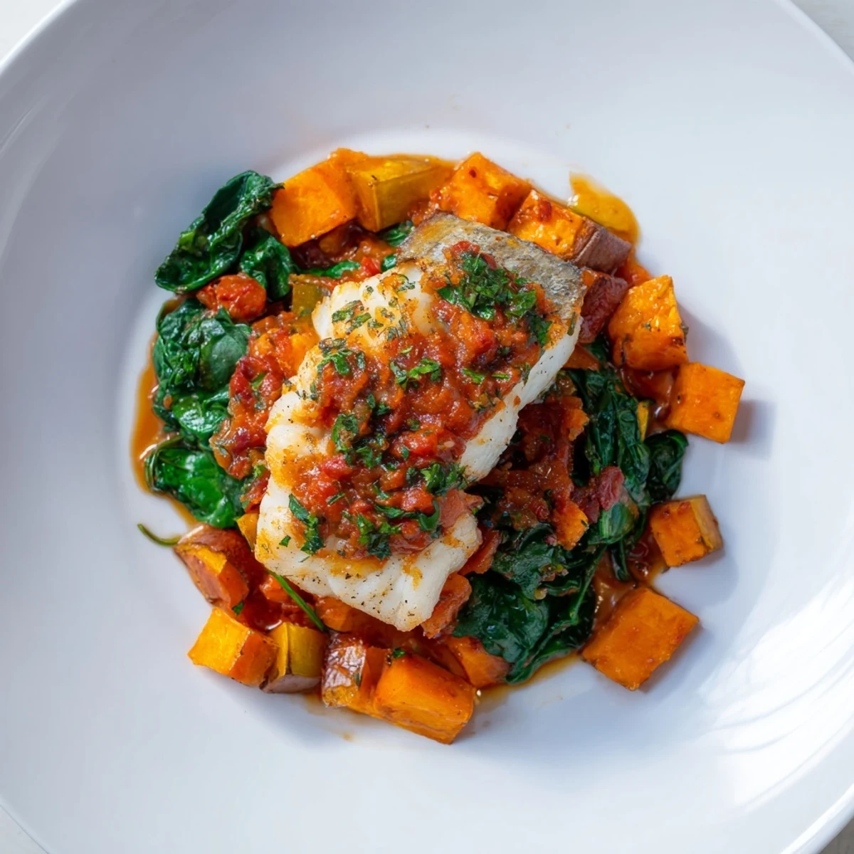 Sizzling Baked Cod with butternut squash, perfectly seasoned and baked with herbs and spinach.