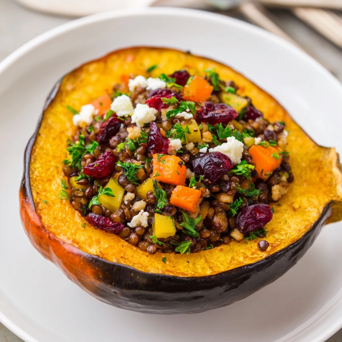 Savory Lentil & Walnut Stuffed Acorn Squash, with visible lentils, walnuts, and herbs nestled inside.