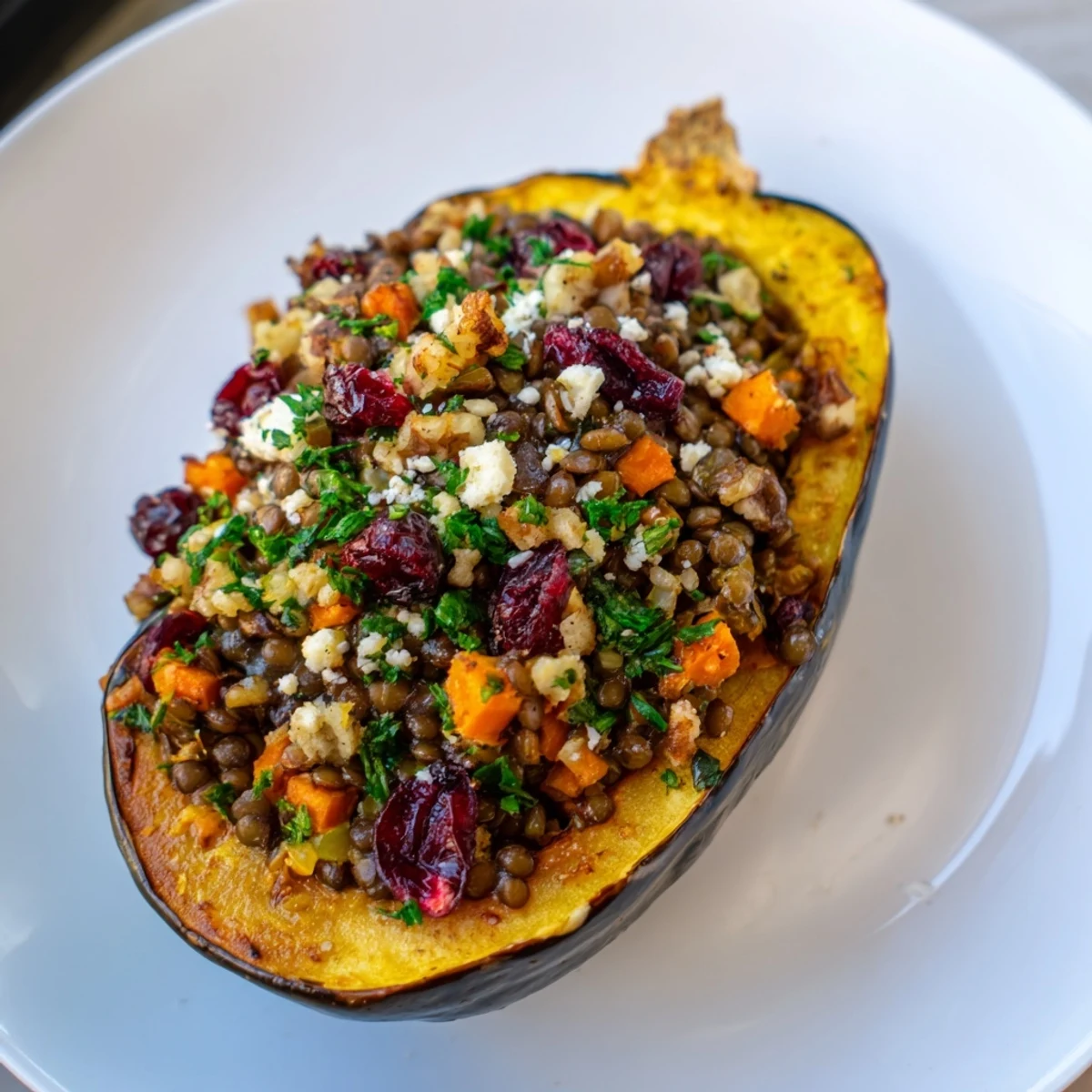 Golden-brown Lentil & Walnut Stuffed Acorn Squash, a flavorful vegetarian main course, ready to eat.