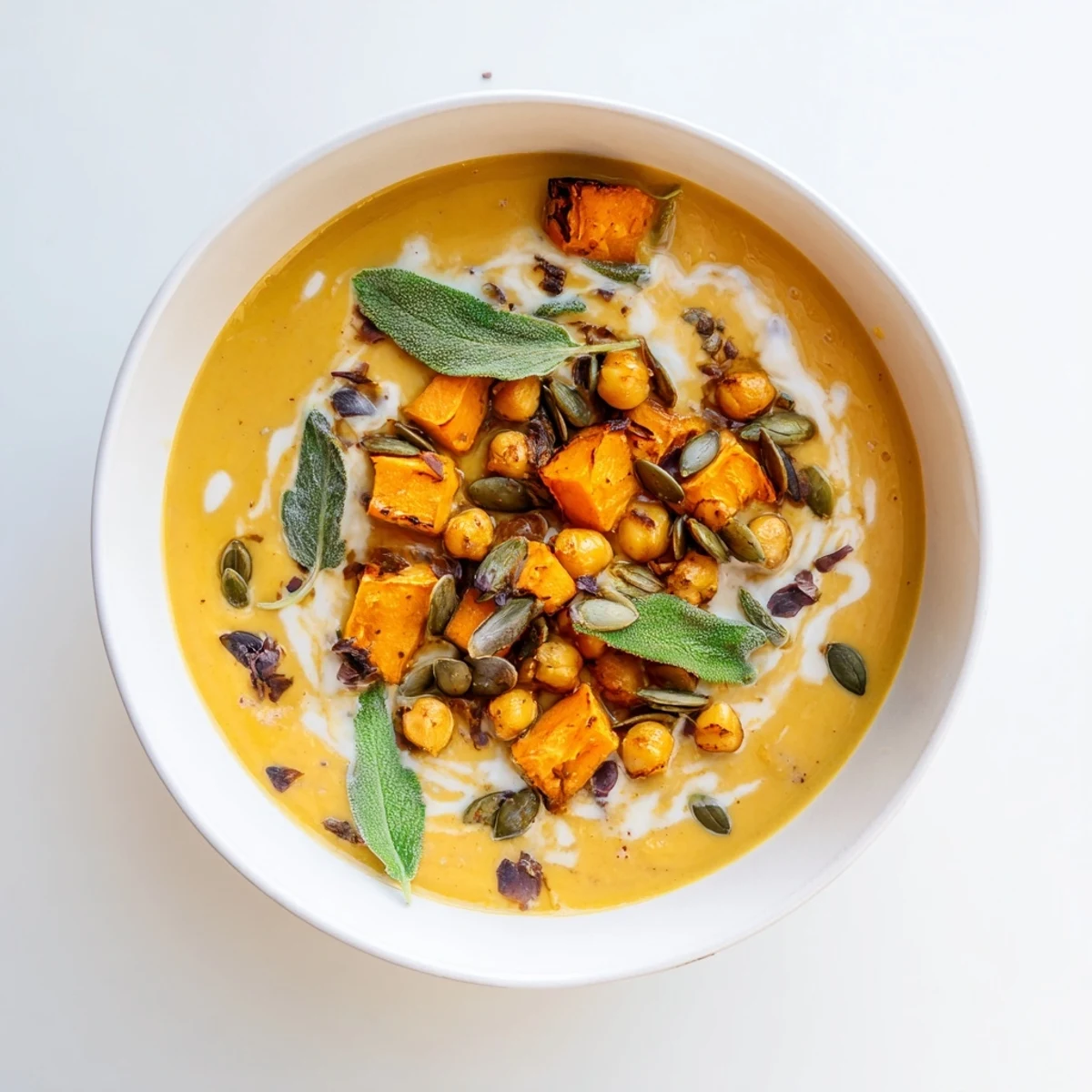 A steaming bowl of Chickpea, Pumpkin & Sage Soup: creamy, vibrant orange, ready to warm you.