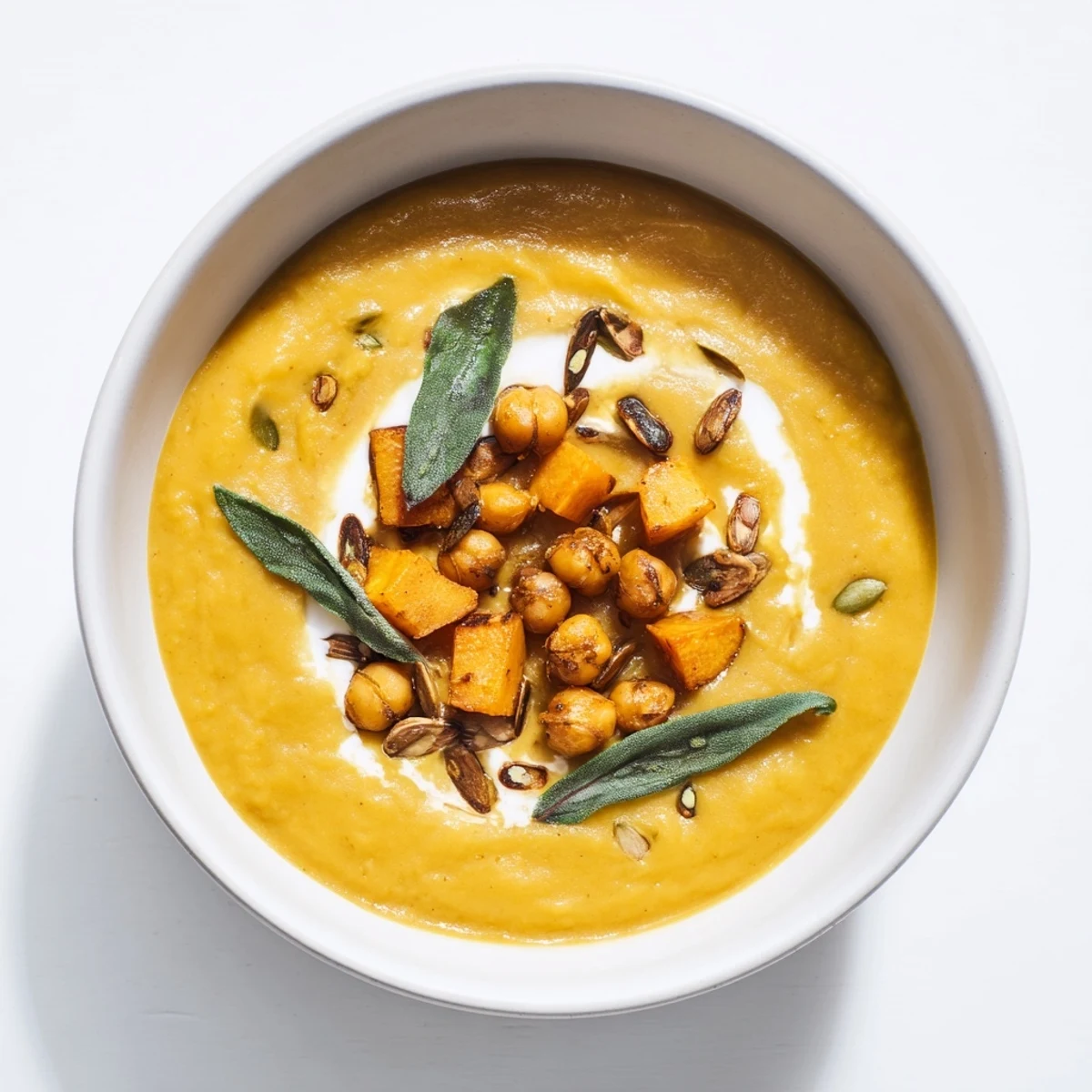 Hearty Chickpea, Pumpkin & Sage Soup garnished with fresh sage and toasted pumpkin seeds is inviting.