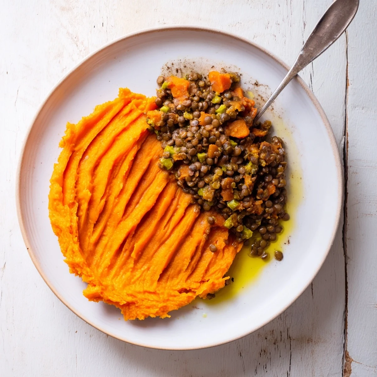 Warm, earthy Veggie Shepherd's Pie with lentils and sweet potato mash topped with golden brown goodness.