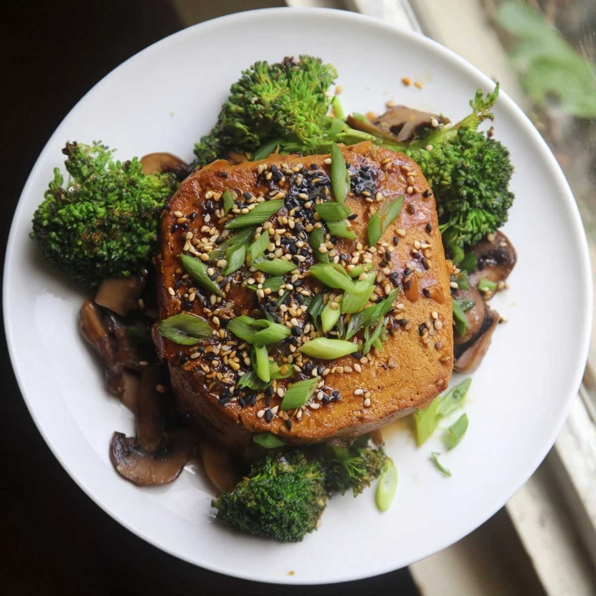 A beautiful plate of sautéed tofu steak is topped with a rich, glossy sauce and sesame seeds.