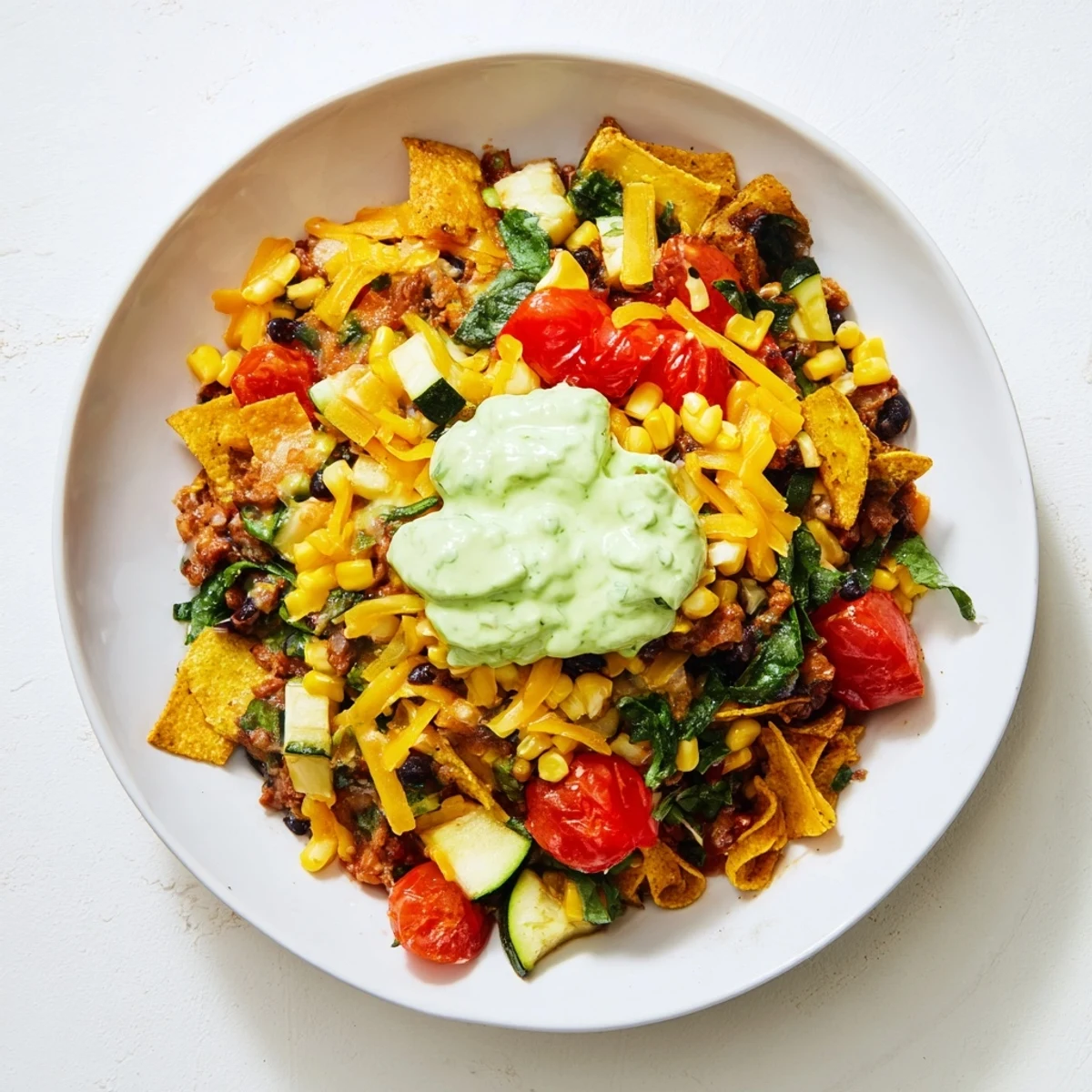 Brightly colored vegetables and cheese melting over the delicious Veggie-Packed Taco Skillet.