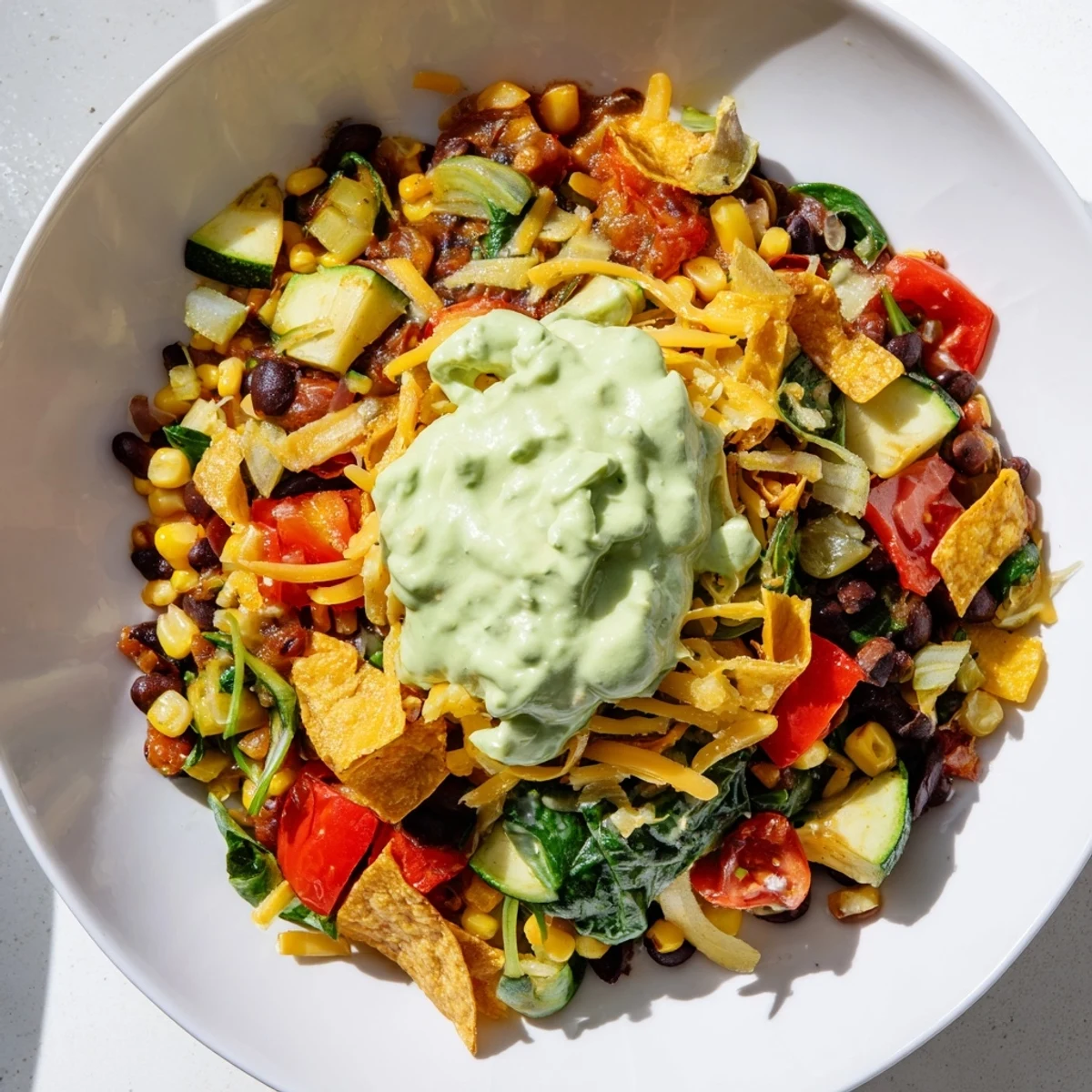A steaming skillet of vibrant Veggie-Packed Taco Skillet topped with fresh, creamy avocado sauce.