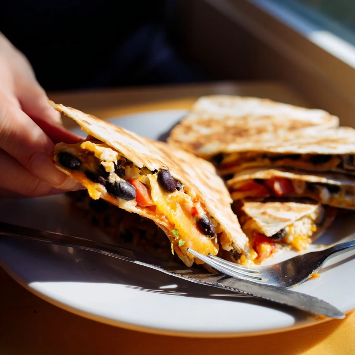Baked, golden-brown tortilla wrap hack filled with melted cheese, beans and colorful veggies.