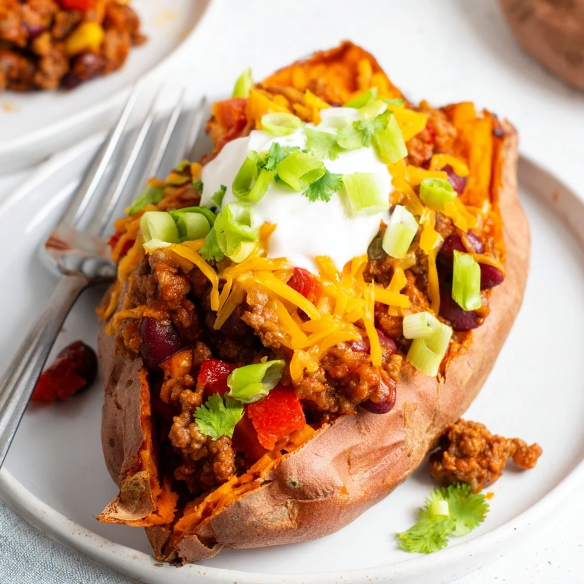 Steaming hot Baked Sweet Potato Stuffed with Chili, boasting vibrant colors and a delightful aroma.