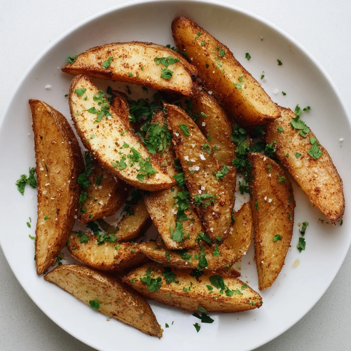 Flavorful 15-Minute Microwave Crispy Potatoes, a vibrant image of golden-brown wedges, with hints of paprika and parsley.