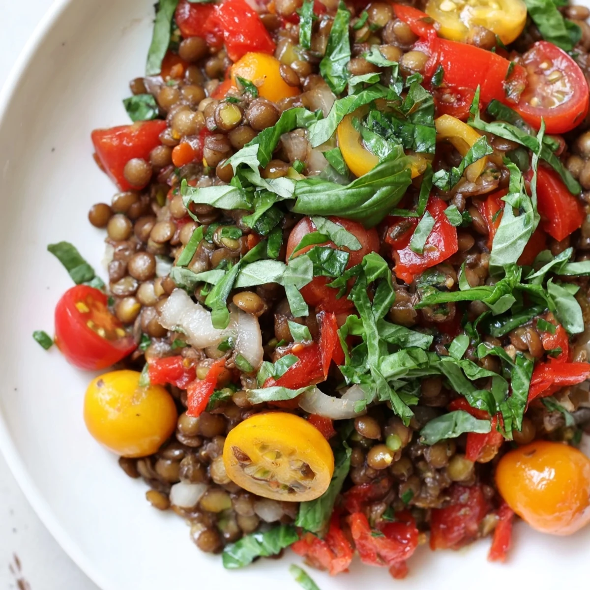 Sizzling skillet of Lentil-Tomato with herbs, imagine savory lentils mixed with fresh, fragrant flavors.