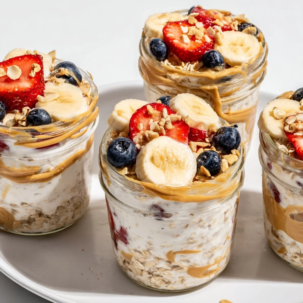 Creamy overnight oats jars layered with fresh fruit and peanut butter, a delightful breakfast.