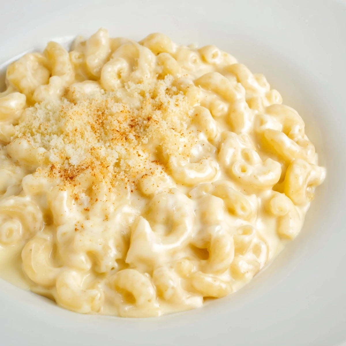 Steaming mug mac & cheese, topped with paprika and Parmesan, ready for a satisfying bite.
