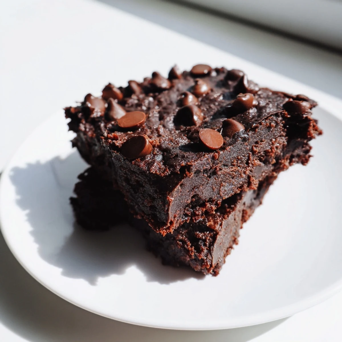 Fudgy black bean brownies, glistening with chocolate chips, ready for a delicious dessert.