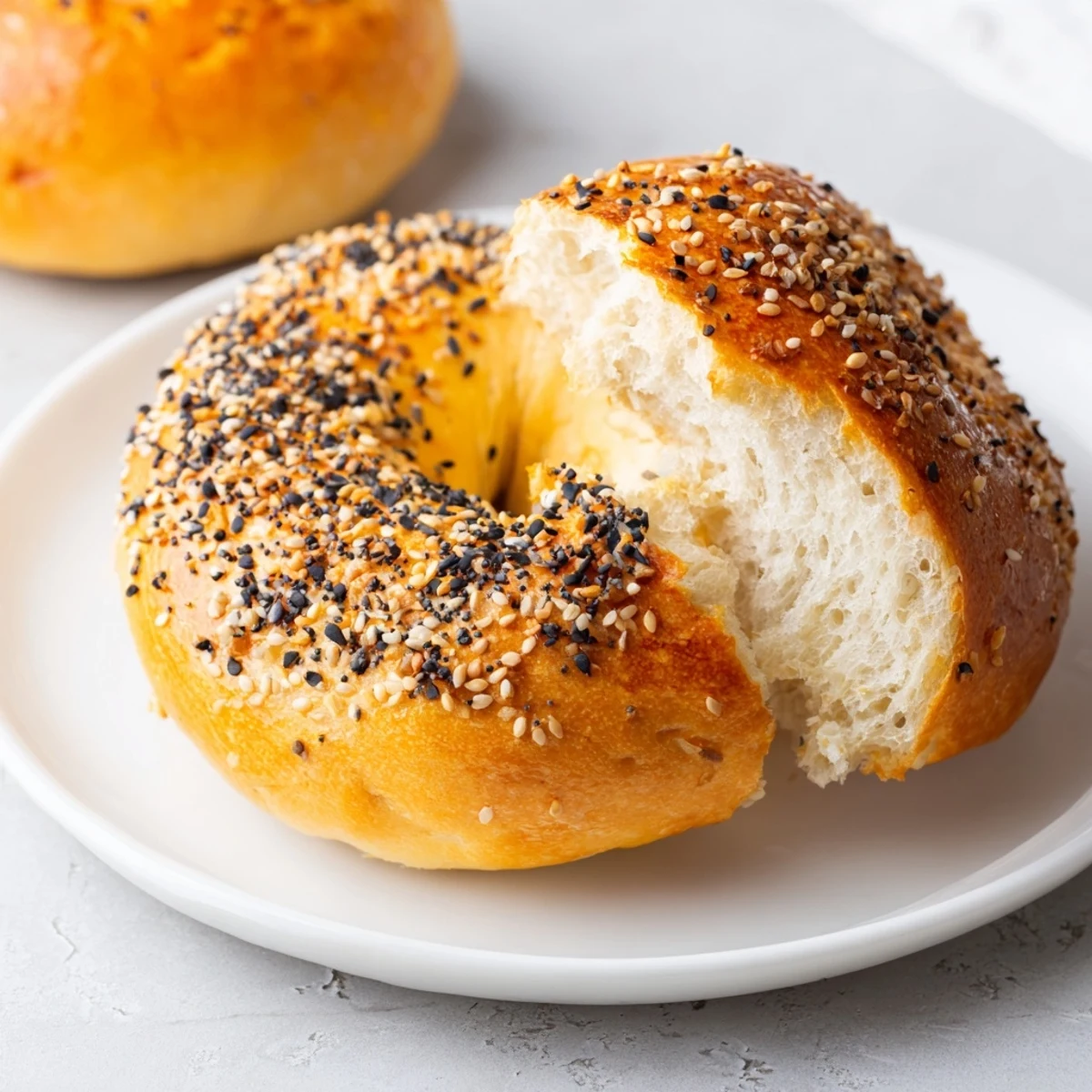 Steaming homemade budget bagels, golden brown and ready to eat, topped with sesame seeds.